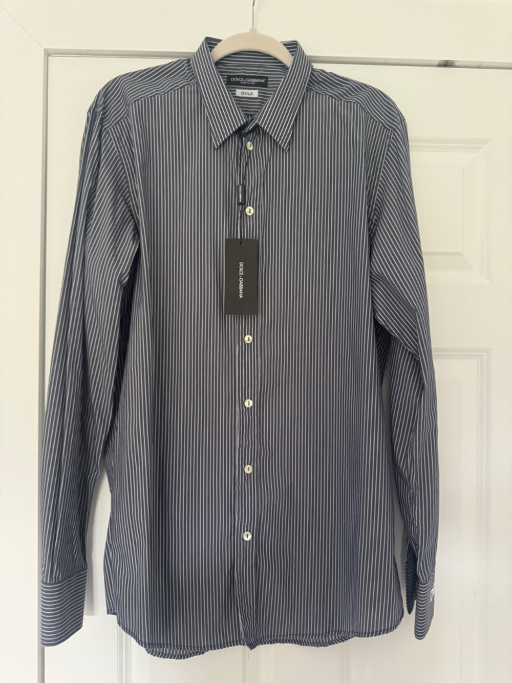 Dolce & Gabbana Gold Line Navy Stripe Dress Shirt – Size 42 – NWT